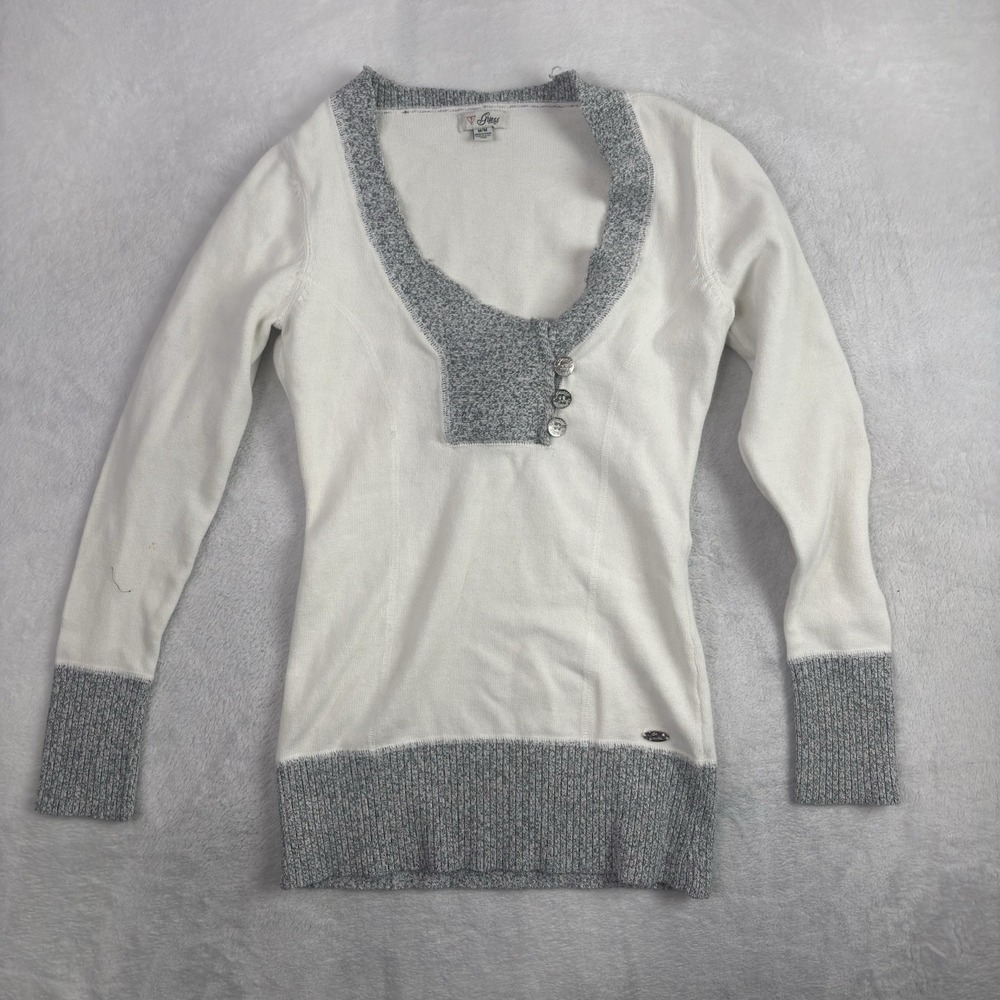 Y2K Guess Knit Pullover Sweater Dress White Grey Henley Women's Medium